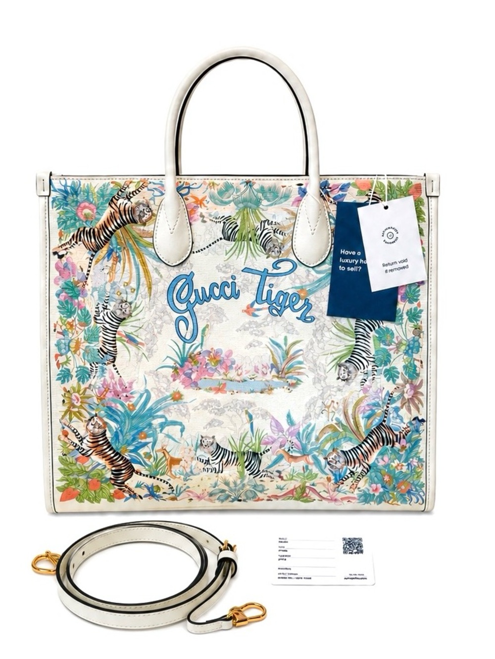 GUCCI Tiger Medium Convertible Tote Bag in White Chalky/Multicolor RARE W/ COA
